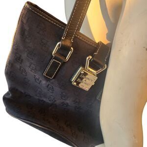 Dooney & Bourke Vintage Black Signature Canvas Shoulder Bag Leather Trim Bucket